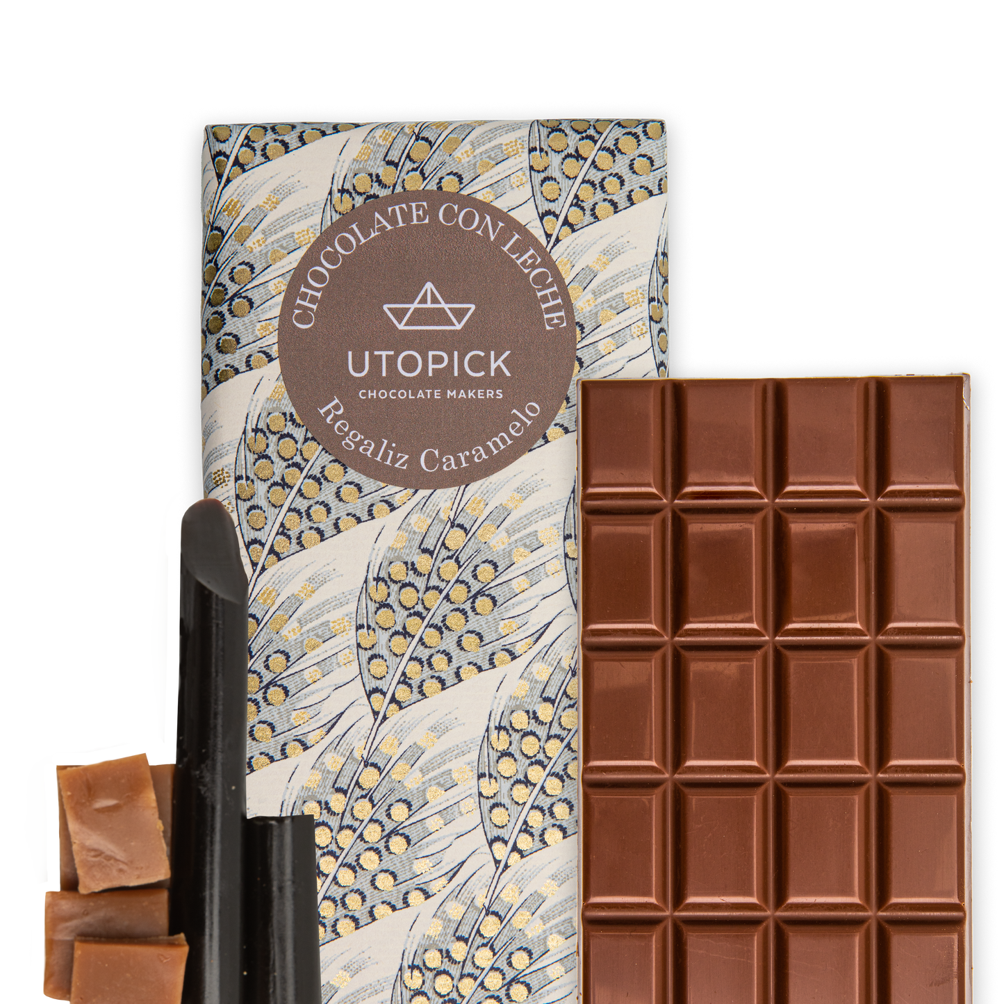 Tableta de chocolate con leche 38% cacao con regaliz y caramelo