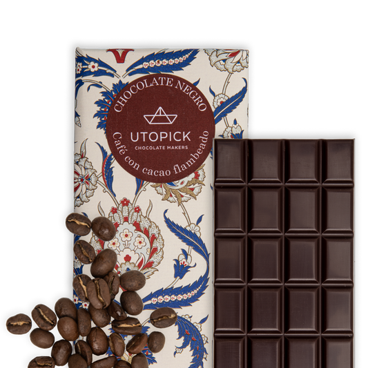 Tableta de chocolate 70% cacao con café y nibs de cacao flambeados al ron